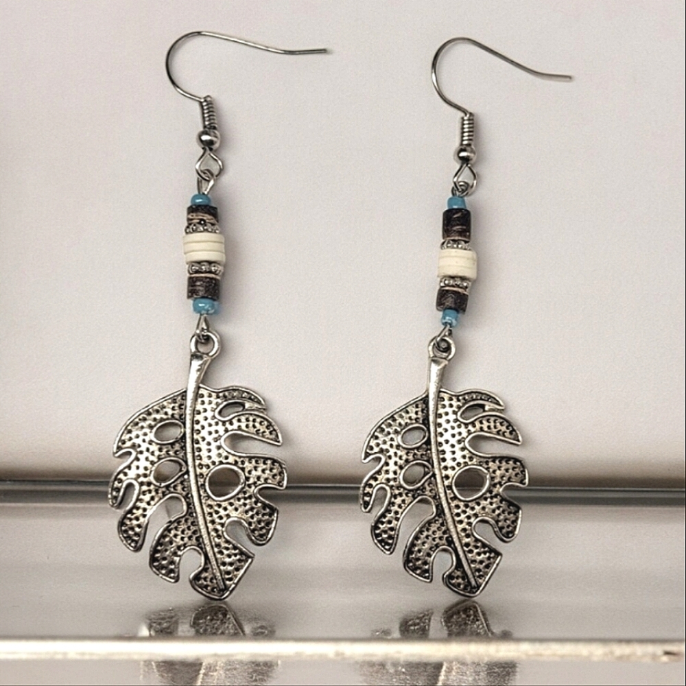 SILVER BOHEMIAN MONSTERA LEAF TURQUOISE BEADED EARRINGS